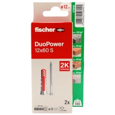 Imagen de fischer Duopower 12x60 Con Tornillo 2U, Tacos para pared multimaterial, sirven Colgar Bicicletas, Cuadros, Armarios, Soportes de Televisión, Estanterías, Muebles.