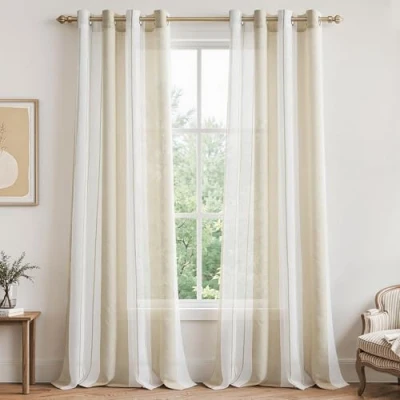 Imagen de MRTREES 2 Piezas Cortinas Visillos Translúcidos Rayas de Dormitorio Moderno 140x260cm con Ojales para Ventanas Habitación Niño Salon Cocina Comedor Baño Beige+Blanca