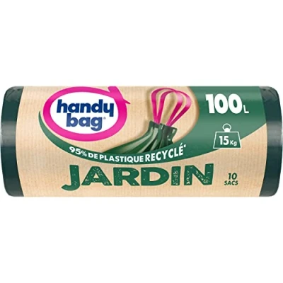 Imagen de Handy Bag Bolsas de basura para jardín, 100 x 10 bolsas, ultra resistente: soporta hasta 15 kg. Película triple grosor. Asas deslizantes prácticas. Impermeabilización máxima 100% plástico