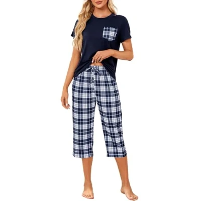 Imagen de Reliwel Pijama Mujer Verano a Cuadros Pijamas de Algodón Conjunto Manga Corta Ropa Dormir Top y 3/4 Pantalones para Casa Casual Suave Comodo S XXL