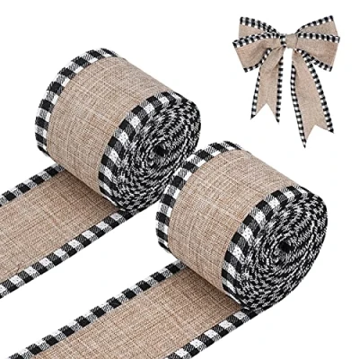 Imagen de LUTER 2 Rollos 5.5m Navidad Wired Ribbons Búfalo Natural Arpillera de Cinta a Cuadros, Cuadros Cintas con Cable Decoraciones Envoltura Navideña Borde (Blanco y Negro)