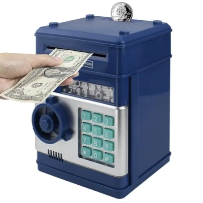 Imagen de HUSAN Hucha electrónica para niños con código electrónico de cerditos, Mini cajero Monedas ATM, Caja Monedas, Juguete Divertido Regalo (Azul Marino)