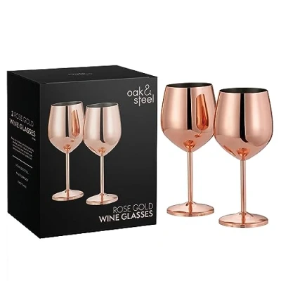 Imagen de Oak &amp; Steel 2 Copas de Vino Acero Inoxidable en Oro Rosa, 520 ml Tinto Elegantes e Irrompibles para Ocasiones Especiales con Caja Regalo