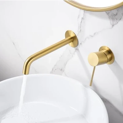 Imagen de IMEX Grifo Monomando Lavabo Empotrado Baño Mezclador Agua Fria y Caliente sobre Encimera Ahorro de Serie Génova Color Oro Cepillado
