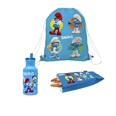 Imagen de NERTHUS FIH 1079 Set Mochila + Bolsa Bocadillo Botella Aluminio Pitufos