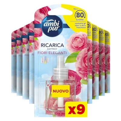 Imagen de Ambi Pur Ambientador para ambientes, 9 recargas difusor de ambiente, fragancia flores elegantes, desodorante ambientador, elimina olores, hasta 80 días perfume recarga X9