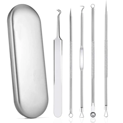 Imagen de vgggrd 5 Piezas Extractor de Puntos Negros Kit, Blackhead Removedor Acné, Juego Pinzas con Caja Metal Herramienta para Remover, Kit Profesional Limpiador Acne, Poros, Granos