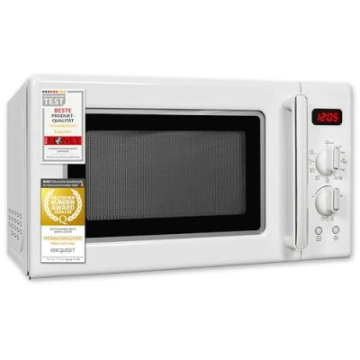 Imagen de Exquisit® Microondas Retro, 20L, 700W, Grill 1000W, 5 Niveles de Potencia, Color Blanco, Funciones y Grill, Descongelación, Temporizador Hasta 90 Min, Plato 25,5Cm, Medidas 25,9x44x36 Cm