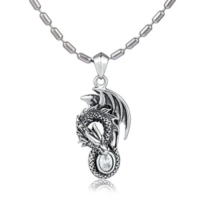 Imagen de Cadena de acero inoxidable para hombre DonDon 55 cm y dragón colgante con circonita blanca en un diseño