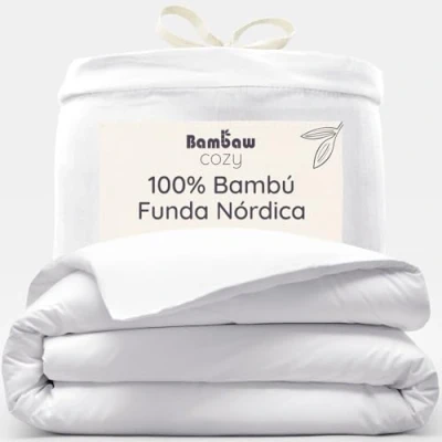 Imagen de Bambaw Funda Nordica Cama 90 (155x220 cm), Ropa de Bambú, Suave, Hipoalergénica, Transpirable, Sábanas Ecológicas Blanca