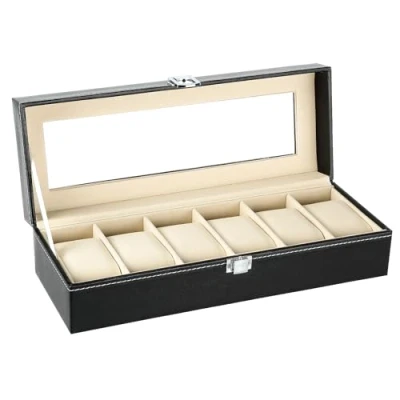 Imagen de Uten Estuche para Relojes y Joyeros con 6 Rejillas Forro de Terciopelo Hebilla Metal, Alfombrilla Extraíble, Cubierta Cristal, Cuero Sintético Negro
