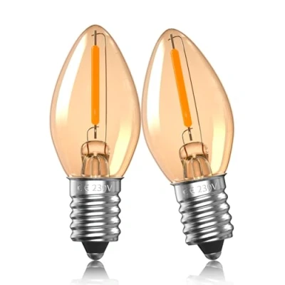 Imagen de bombillas LED 0.5W E14, bombilla de lámpara sal C7, luz nocturna blanca cálida 2200K ámbar, vela vintage, Edison tornillo pequeño Mini E14 2Pack