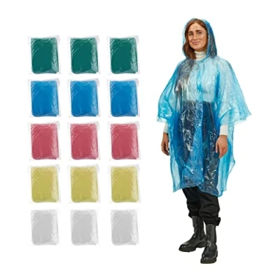 Imagen de Relaxdays Pack de 15 Chubasqueros, Capas para Lluvia con Capucha, 5 Colores, Ponchos Desechables, Unisex, Multicolor, 120 x 0.1 cm