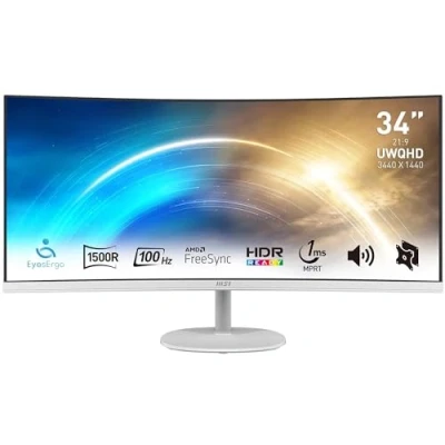 Imagen de MSI PRO MP341CQW Monitor profesional Panel curvo 34 UWQHD 3440 x 1440 1500R, tasa de refresco 100Hz, tiempo respuesta 1ms (MPRT), DP, HDMI, HDR Ready, compatible con montaje VESA