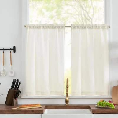 Imagen de TOPICK Visillo de lino, cortina semitransparente, opaca, gasa, par bufandas, para cocina, salón, casa campo, juego 2 unidades, 65 x 90 cm, color blanco