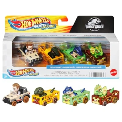 Imagen de Hot Wheels RacerVerse Coches de juguete, pack 4 vehículos metálicos con los personajes Jurassic World Charlie, Owen, el dilofosaurio y alosaurio como conductores, HKD32