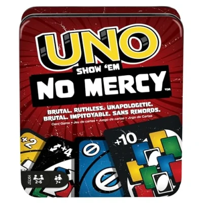 Imagen de Mattel Games UNO No Mercy, Juego de Cartas con adicionales, Reglas Especiales y penalizaciones más despiadadas, Mesa Familiar, Juguete Regalo para niños niñas +7 años, HXT57