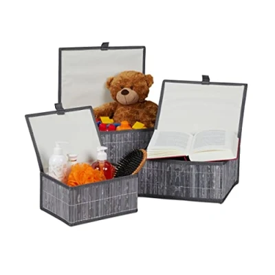 Imagen de Relaxdays, Gris Set de Tres cestas almacenaje, con Tapa, Funda Textil, Bambú, Decorativo
