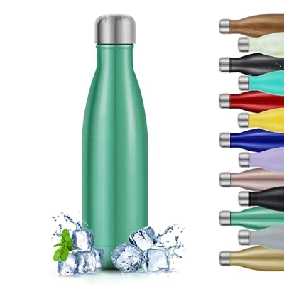 Imagen de TITIROBA botella de agua acero inoxidable, 500 ml, aislada al vacío, a prueba fugas, aislamiento, sin BPA, 24 horas frío y 12 color verde menta brillante