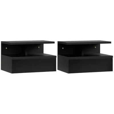 Imagen de HOMCOM Set de 2 Mesitas Noche Flotantes con 1 Cajón y Estante Abierto Diseño Moderno Montado en la Pared 35x32x22,5 cm Negro