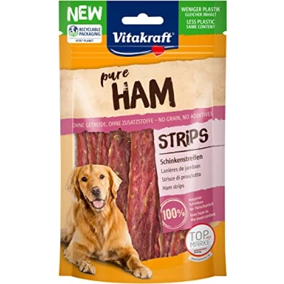 Imagen de Vitakraft Snacks de Carne, Tiras jamón, golosinas para Perros, sin Cereales, en Bolsa resellable, azúcar añadido (1 x 80 g)