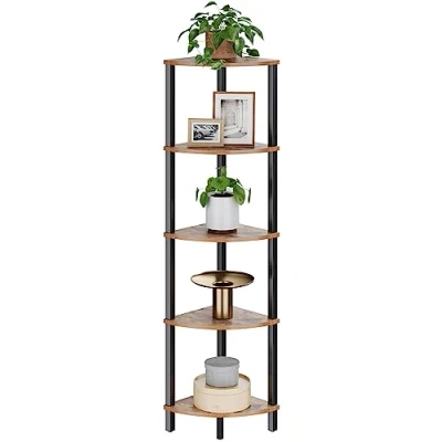 Imagen de VASIHO estantería esquinera, de 5 Niveles, Almacenamiento, para Plantas, Cocina, salón, diseño Industrial, Color marrón y Negro JSJ001HV1