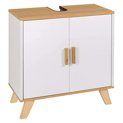 Imagen de eSituro Mueble Bajo Lavabo Armario de Suelo para Baño Organizador Estante Almacenamiento, MDF Blanco+Natural 60x30x60cm SBP0026