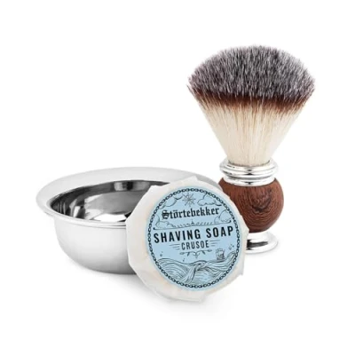 Imagen de Set de brochas afeitar premium con cuenco afeitado acero inoxidable y jabón (varias fragancias) [incluye guía barba en formato E Book] (Crusoe)
