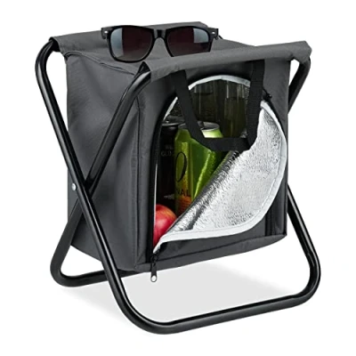 Imagen de Relaxdays Taburete de Camping con Bolsa térmica, Plegable y portátil, 100 kg, Silla Exteriores, 34 x 32 26 cm, Gris