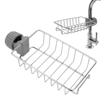 Imagen de MAXQUU 1 estante de almacenamiento para grifo, fregadero cocina, drenaje esponja, baño (plata)