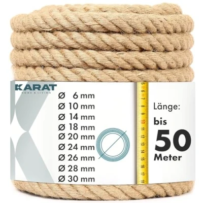 Imagen de KARAT cuerda de escalada 10 m y 20 mm grosor, yute 100 % natural, extrafuerte, yute, para deporte, decoración jardín, manualidades, árbol rascador