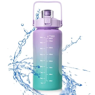 Imagen de Firschoie Botella de Agua Deportiva 2 L, Marcador Tiempo Inspirador, con Pajita, Libre BPA, a Prueba Fugas Garrafa 2l, Reutilizables, para Fitness, Senderismo(Violeta)