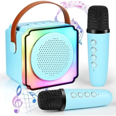 Imagen de Karaoke Infantil 2 Microfonos Inalambricos Máquinas de Bluetooth para Niños Adultos Portátil Altavoz con Luces LED Regalo Ideal Boda Fiesta Cumpleaños (Azul)