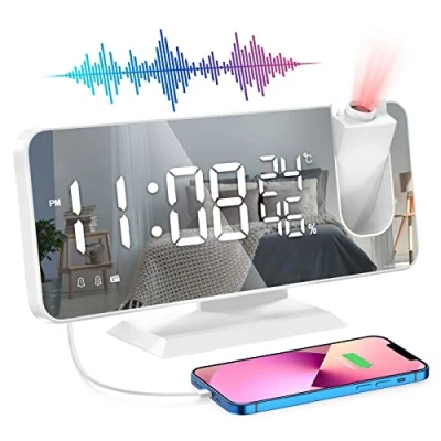 Imagen de Beedove Despertador Proyector Techo, Radio Reloj Digital con Proyección de 180, Puerto USB, Snooze, Alarma Dual, 6 Niveles Brillo, FM Humedad Temperatura, Blanco