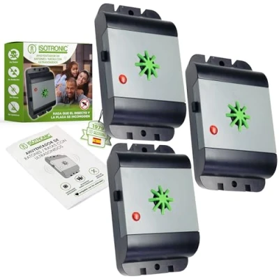 Imagen de ISOTRONIC Ahuyentador de Ratones y Ratas por ultrasonidos Repelente plagas ultrasónico para Interiores Exteriores Elimina del sótano, jardín gallinero sin Veneno Set 3
