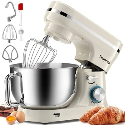Imagen de Batidora Amasadora, Vospeed Amasadora de Pan Repostería, 1000W Robot Cocina, 5QT capacidad 8 Velocidades, Bol Acero Inoxidabl, Amasador, Batidor y Varillas (Blanco)