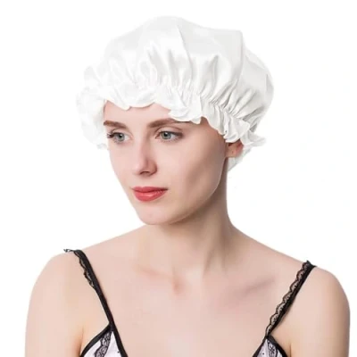 Imagen de YYKSYDPT Gorro de Dormir Seda Morera 100% Pura Pelo Rizado Cabello que ya No Está Encrespado ni Anudado (Blanco)