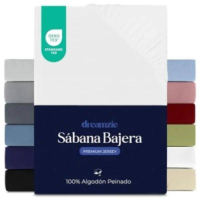 Imagen de Dreamzie Sabanas 80x200 cm, Sabana Bajera Premium para Colchones de hasta 12 cm Altura, 100% Algodon 150 g/m² Blanco Certificada sin Productos Químicos (Oeko Tex)