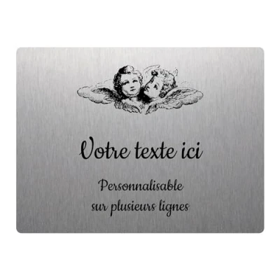 Imagen de Mygoodprice Placa grabada funeraria, diseño de dos cabezas ángeles autoadhesiva, 20 x 15 cm, personalizada, 1 a 3 líneas, aluminio cepillado,