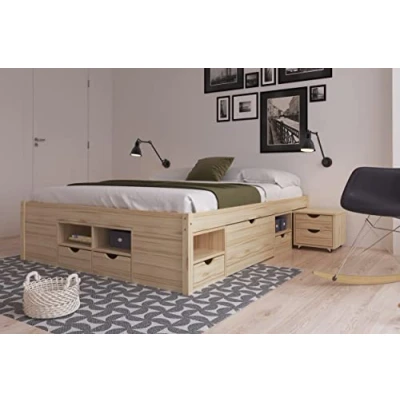 Imagen de Inter Link Cama doble Multifunción Con almacenaje funcional mesillas 6 cajones 8 nichos Madera maciza 2 somieres Natural Claas 160 x 200 cm