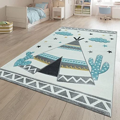Imagen de TT Home Alfombra Habitación Infantil Colores Pastel Motivo Tipi Indio 3D Crema Gris, Tamaño:Ø 120 cm Redondo