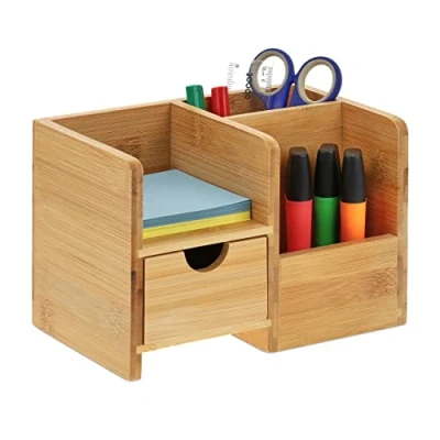 Imagen de Relaxdays Organizador Escritorio, con Cajón y Balda, 2 Compartimentos, Bambú, para Oficina, 14x20,5x13 cm, Color Natural, Tablero de Fibras