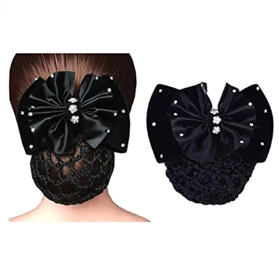 Imagen de 1 pasador de satén negro con diamantes imitación lazo Snood red para el pelo cubierta moño redecilla decoración francesa clip mujeres accesorios
