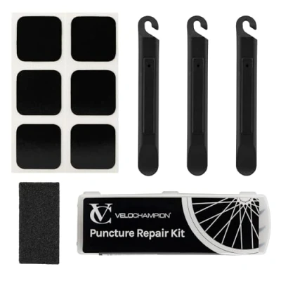 Imagen de VeloChampion Kit de parches autoadhesivos para reparación pinchazos rueda bicicleta, sin pegamento, Negro (kit neumáticos)