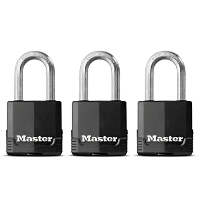 Imagen de MASTER LOCK Candado Alta Seguridad [Llaves] [Acero Laminado y Antióxido] [Exterior] [Arco M] [Lote de 3] M115EURTRILF Ideal para Portales, Garages, Sótanos