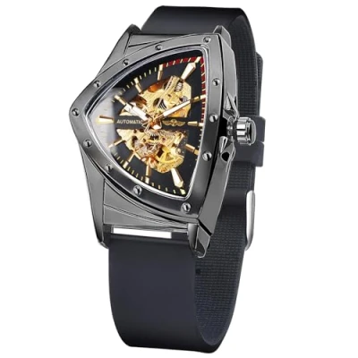 Imagen de FORSINING relojes de esqueleto para hombre, reloj mecánico automático con esfera triangular, luminosos cuerda automática, pulsera acero inoxidable o correa silicona suave,
