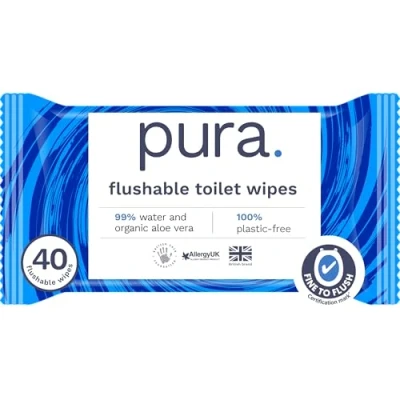 Imagen de Pura Papel Higiénico Húmedo, 40 Toallitas (1 Paquete), de Baño Desechables Para Piel Sensible, 100% Libres Plástico, 99% Agua, Certificadas Como &#039;Fine to Flush&#039;