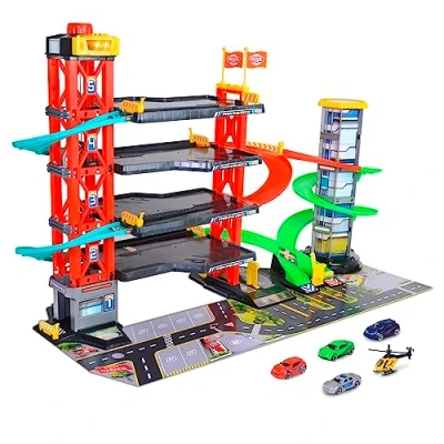 Imagen de Dickie Toys Aparcamiento de 4 Plantas para niños a Partir 3 años (87 x 52 cm) con Accesorios Gran Garaje Juguetes en 5 Niveles Ascensor, Pista Carreras, Coches Juguete,