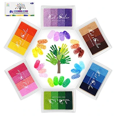 Imagen de Funxim Juego de almohadillas tinta 24 colores para huellas dactilares,almohadilla sello lavable,no tóxica papel,pintura tela,regalo cumpleaños bricolaje (paquete 6)