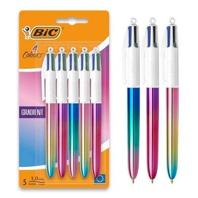 Imagen de BIC 4 Colores Gradient Bolígrafo Retráctil de Punta Media (1,0 mm) Diseños Cuerpo con Degradado Tricolor, Pack 5
